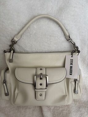 Steve Madden Cream Leather Shoulder Bag with Silver Hardware